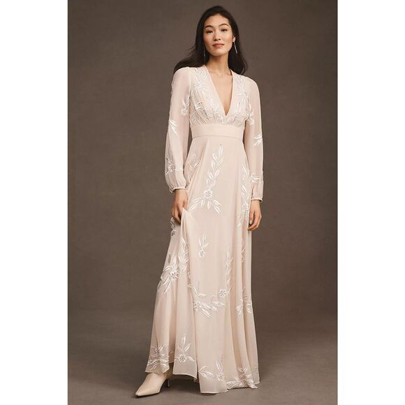 New Anthropologie BHLDN Belize Embroidered A-Line Long-Sleeve V-Neck Gown Sz 12 - Picture 1 of 10